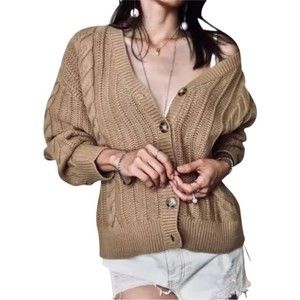 Cupcakes And Cashmere Womens Brown Cable Knit Long Sleeve V Neck Cardigan Medium